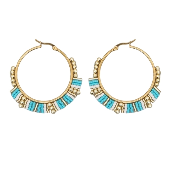 50% off 3 or more Beaded Hoop Earrings Blue & White Miyuki Rice Beads - Picture 1 of 13